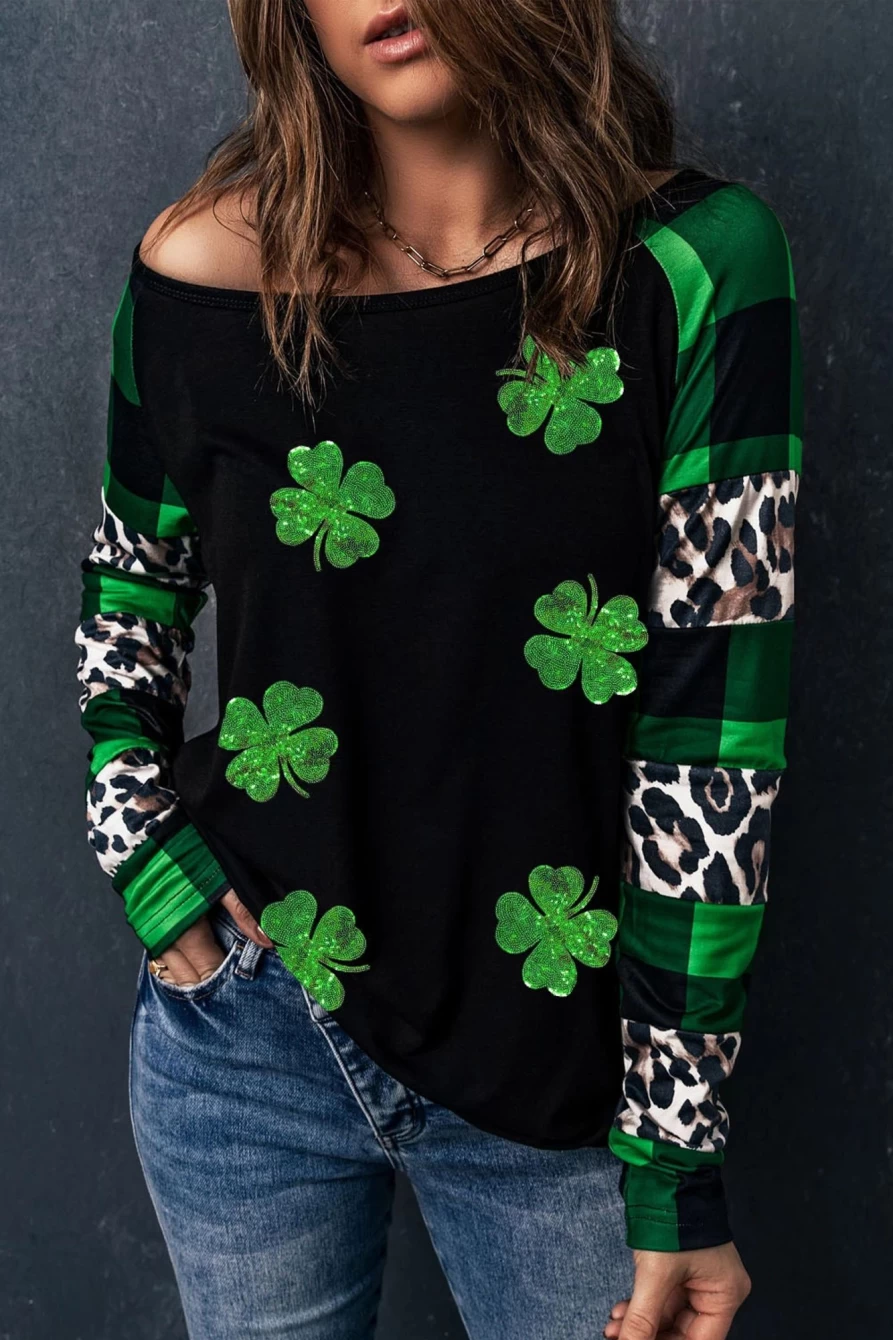 Shewin Women's Green Sequin Clover Patch Graphic Plaid Leopard Print Sleeve Tee