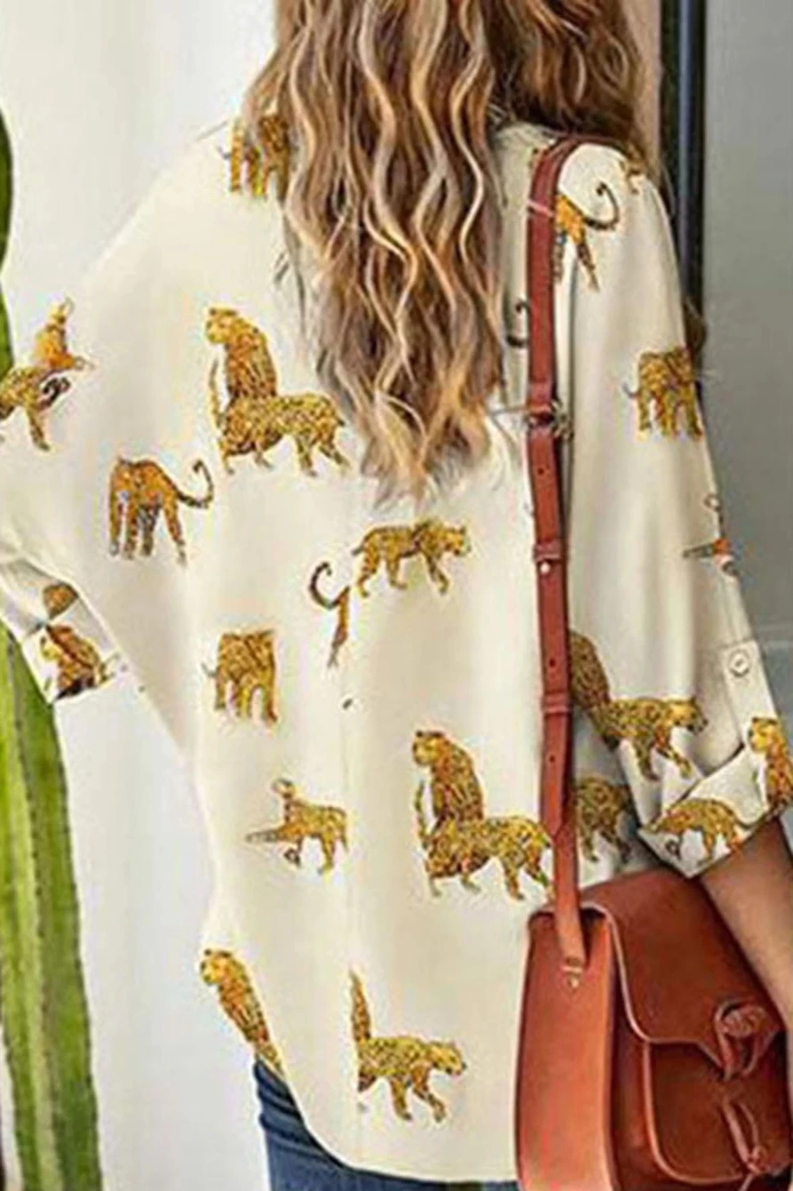 Shewin Women's Apricot Printed Cheetah Loose Fit V-Neck Tab Sleeve Blouse