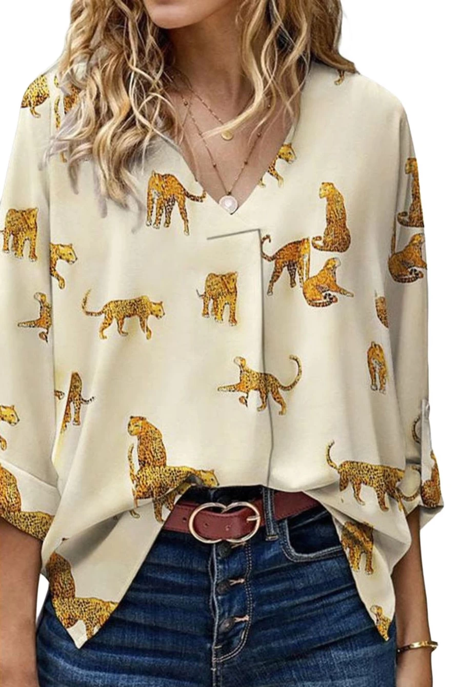 Shewin Women's Apricot Printed Cheetah Loose Fit V-Neck Tab Sleeve Blouse