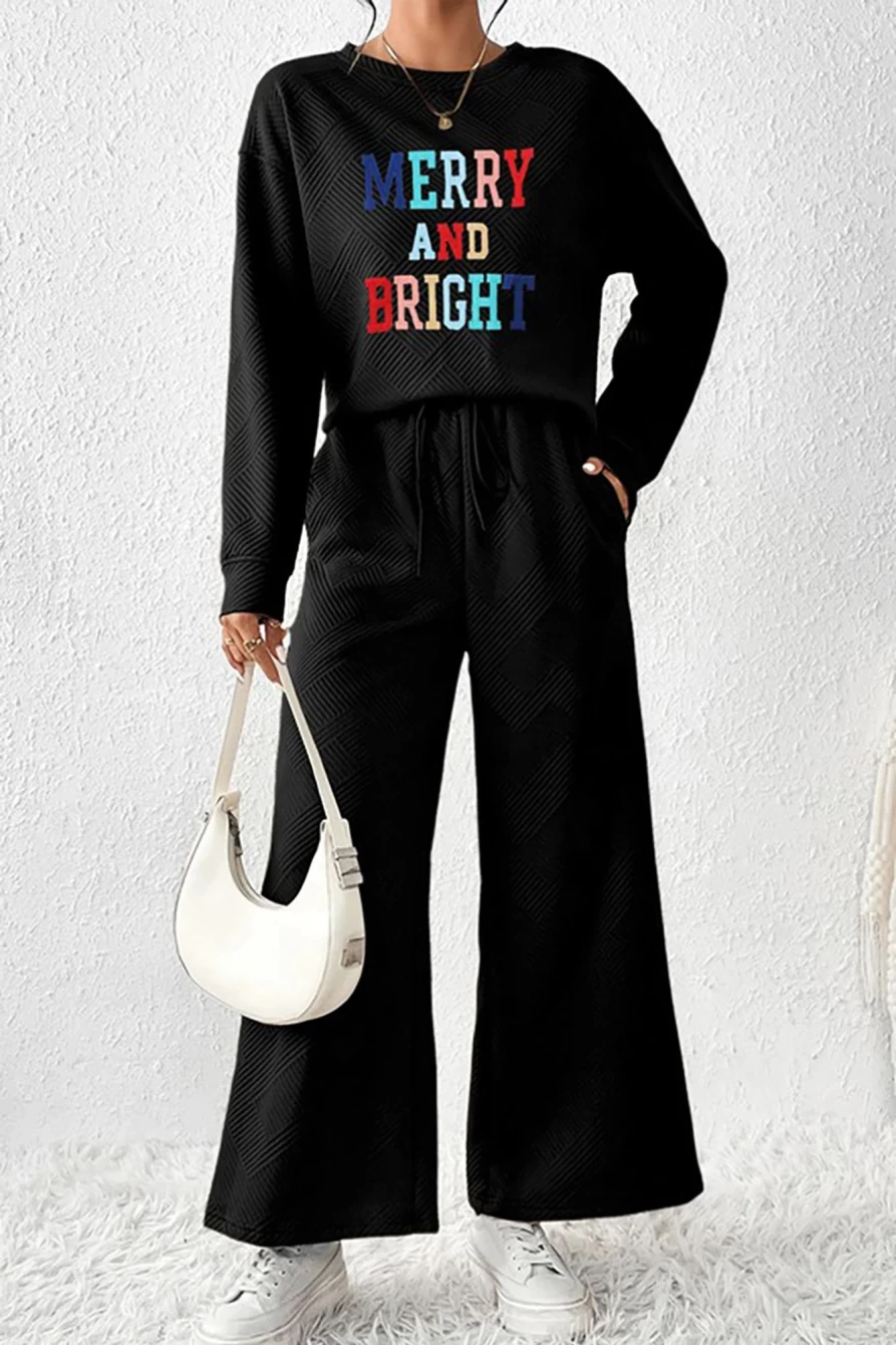 Shewin Women's Black Textured Merry And Bright Stitching Graphic Pants Set