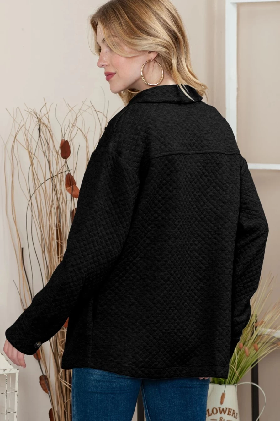 Shewin Women's Black Quilted Shacket with Lattice Texture, Retro Flap Pockets, and Button Closure