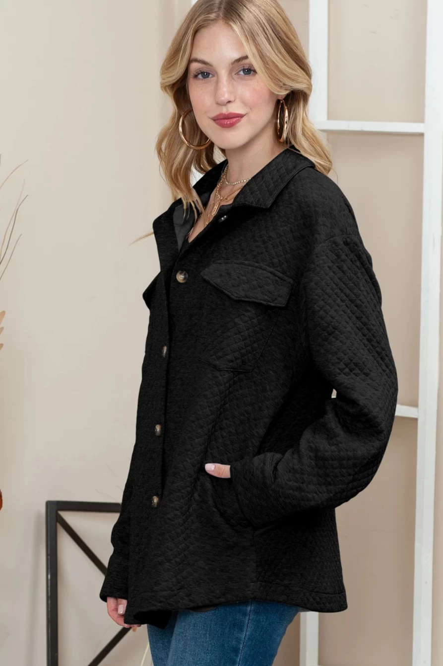 Shewin Women's Black Quilted Shacket with Lattice Texture, Retro Flap Pockets, and Button Closure