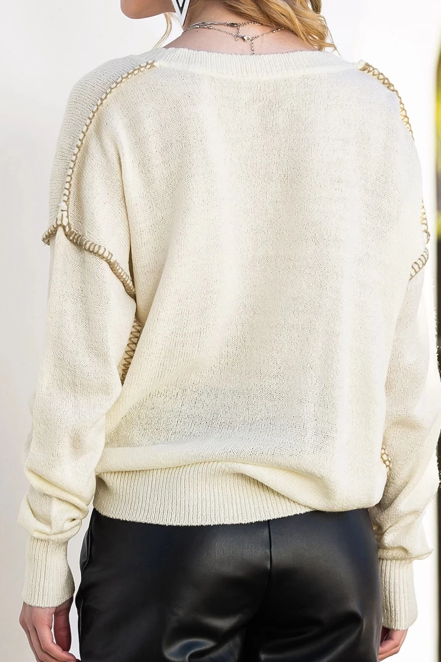 Shewin Women's Beige Drop Sleeve Sweater with Stitching Trim Detail