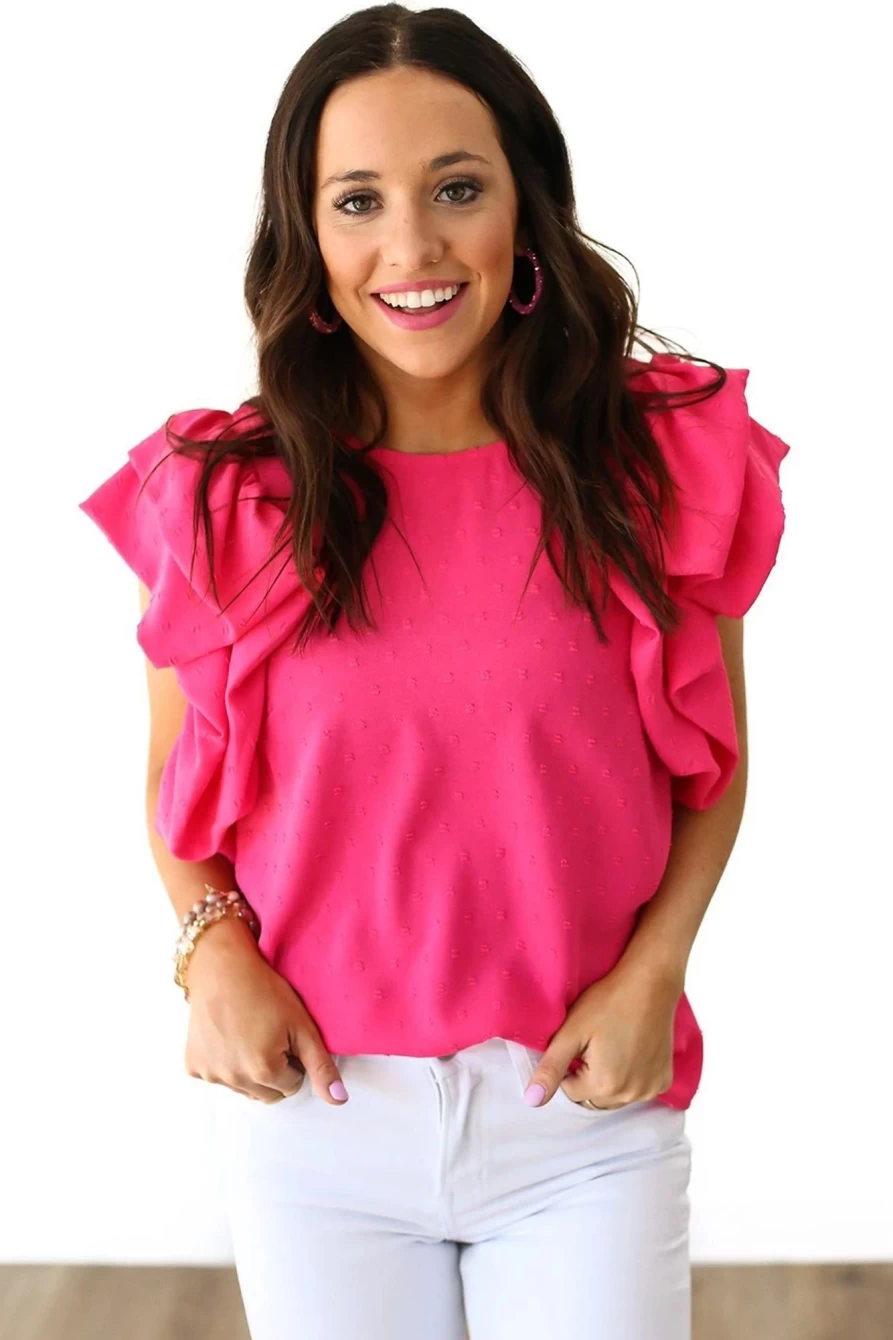 "SheWin Women's Rose Red Ruffle Sleeve Swiss Dot Blouse - Elegant Feminine Top"