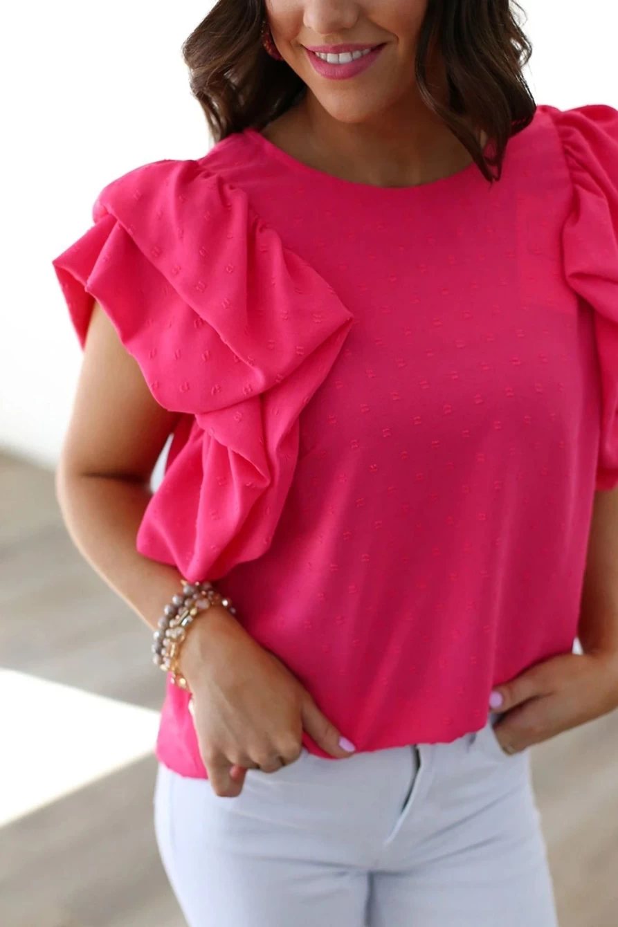 "SheWin Women's Rose Red Ruffle Sleeve Swiss Dot Blouse - Elegant Feminine Top"