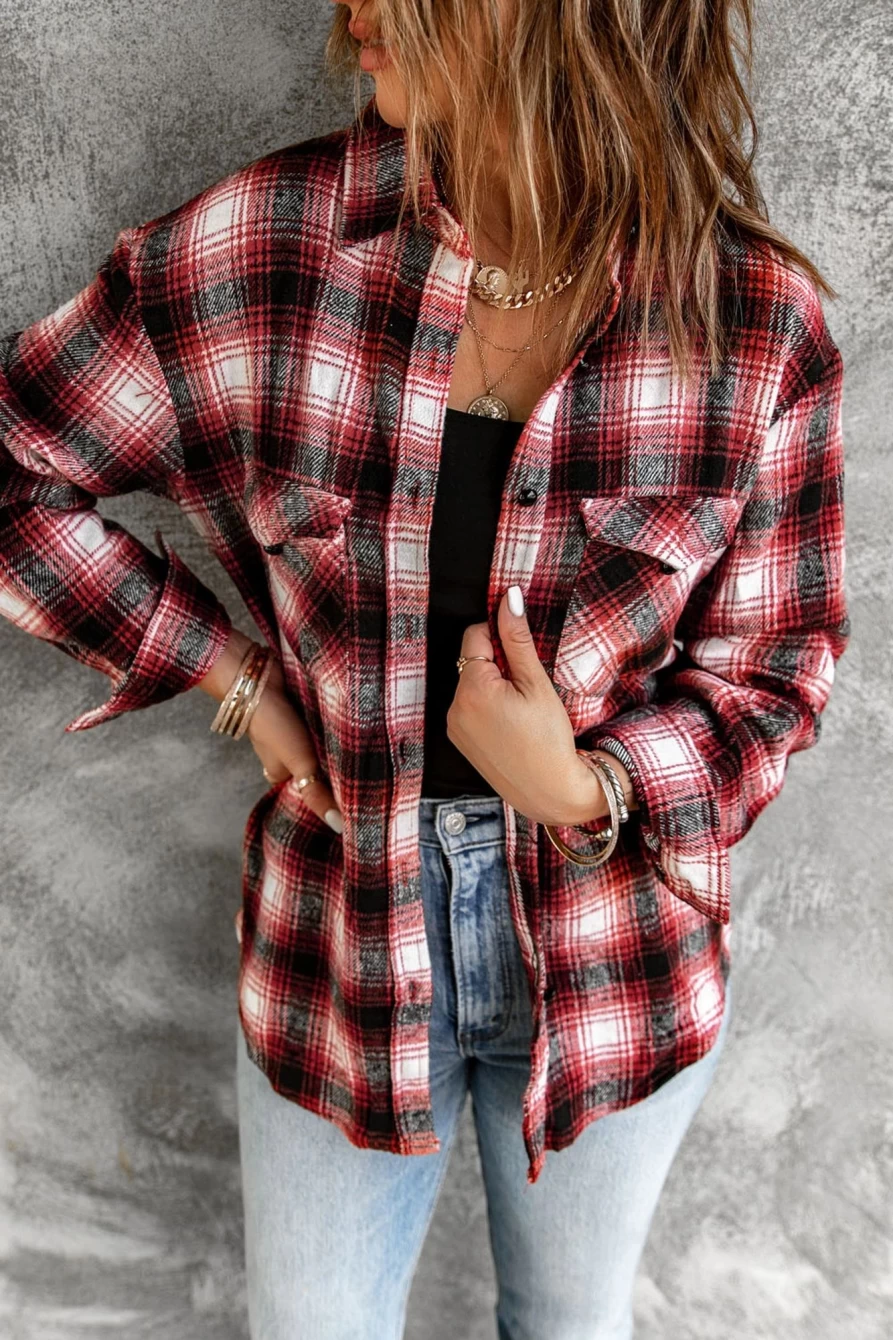 Women's Red Plaid Button-Up Shacket by Shewin - Stylish Collar Shirt Jacket