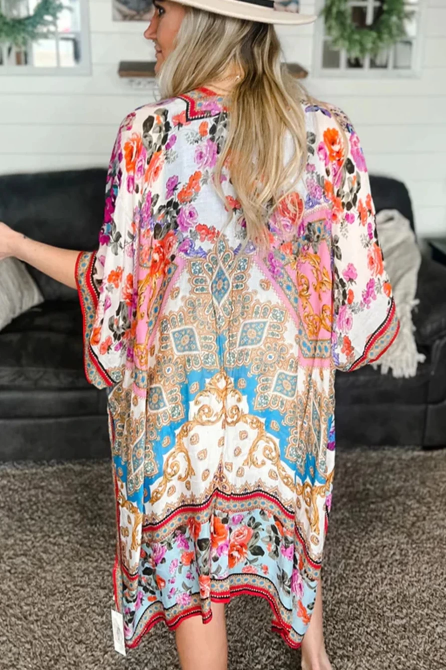 Shewin Women's White Floral Print Boho Batwing Sleeve Loose Fit Cover-Up