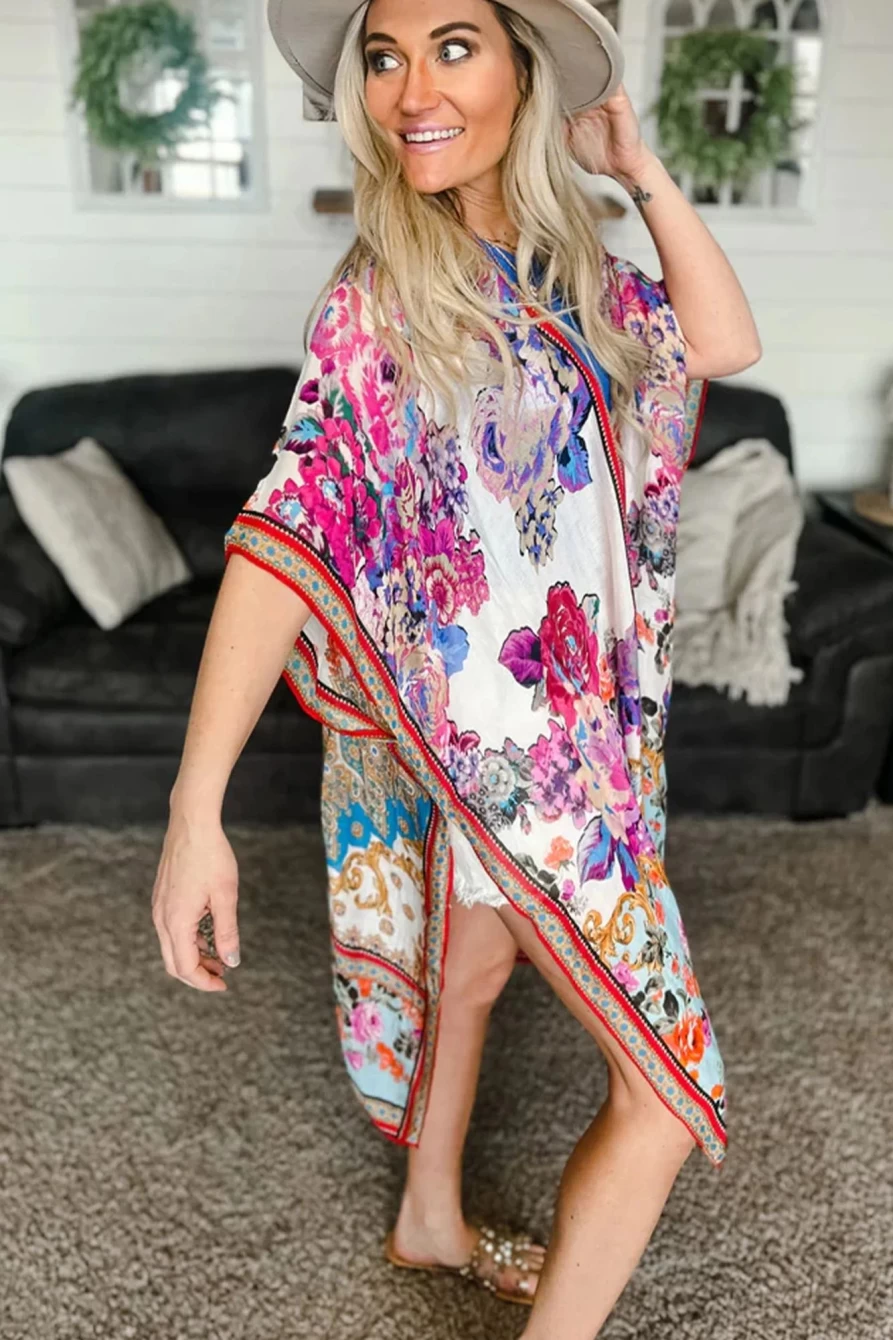 Shewin Women's White Floral Print Boho Batwing Sleeve Loose Fit Cover-Up