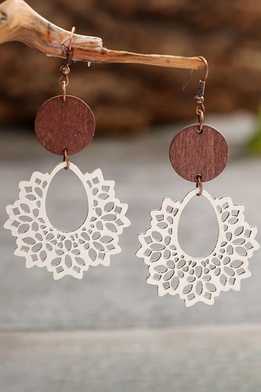 "Shewin Women's White PU Hollow Round Wooden Pendant Earrings"