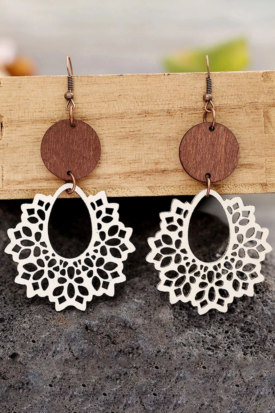 "Shewin Women's White PU Hollow Round Wooden Pendant Earrings"