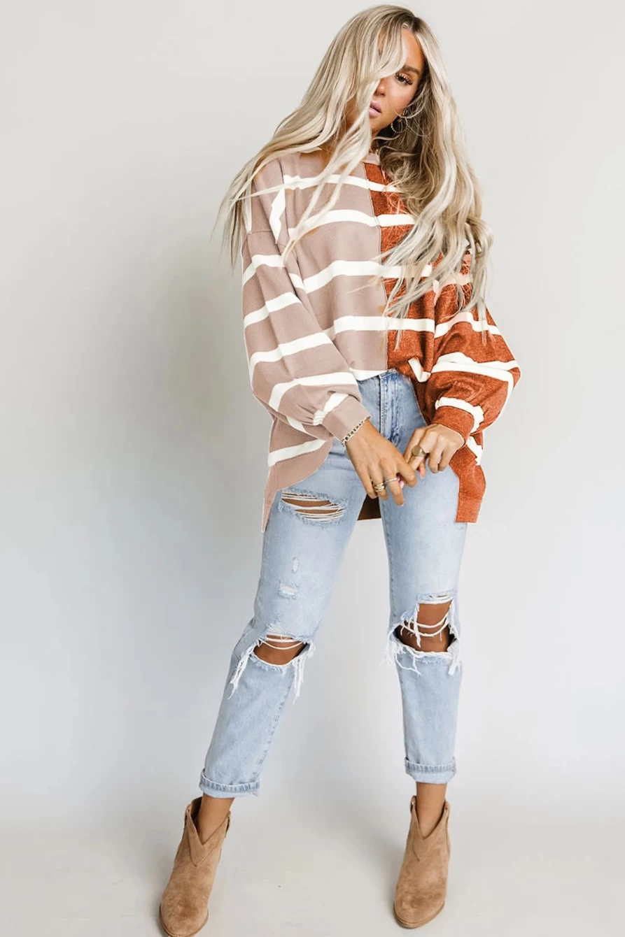 Shewin Women's Brown Oversized Contrast Striped Drop Shoulder Top