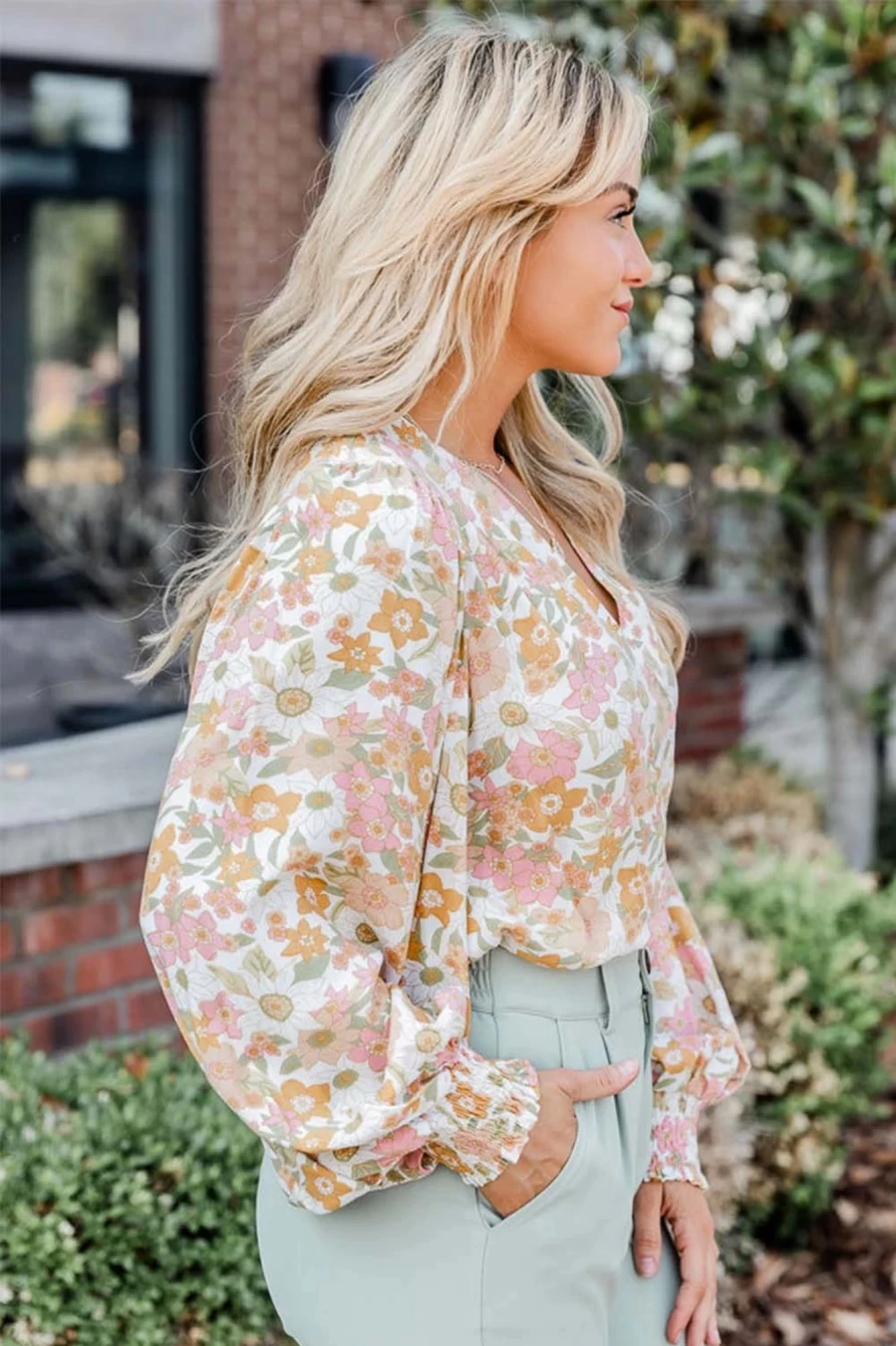 Shewin Women's Multicolor Floral Shirred Bodysuit with Puff Sleeves & V-Neck