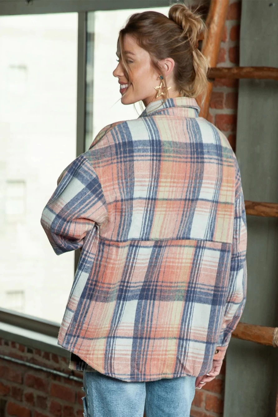 Women's Pink Plaid Flannel Shacket with Button-Up Collar - Shewin