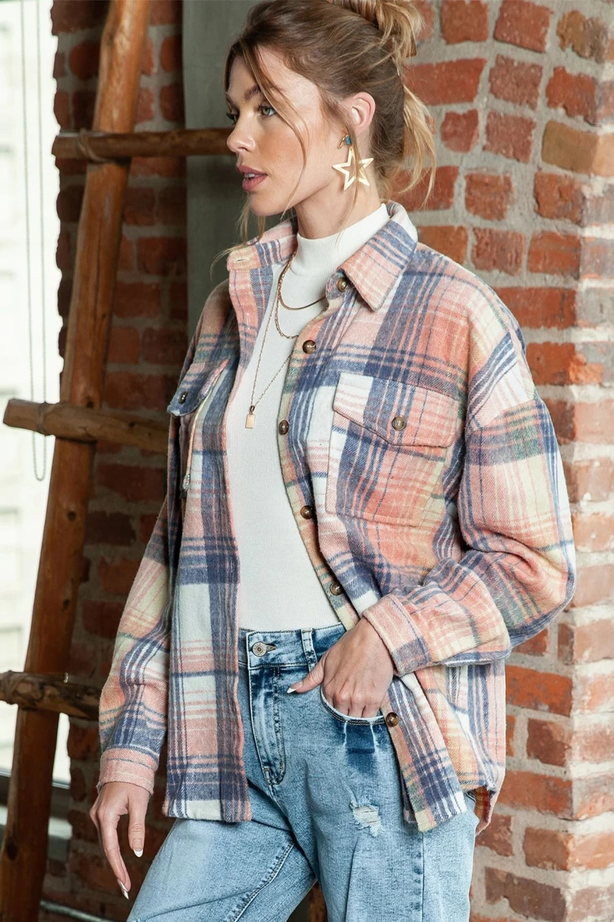 Women's Pink Plaid Flannel Shacket with Button-Up Collar - Shewin