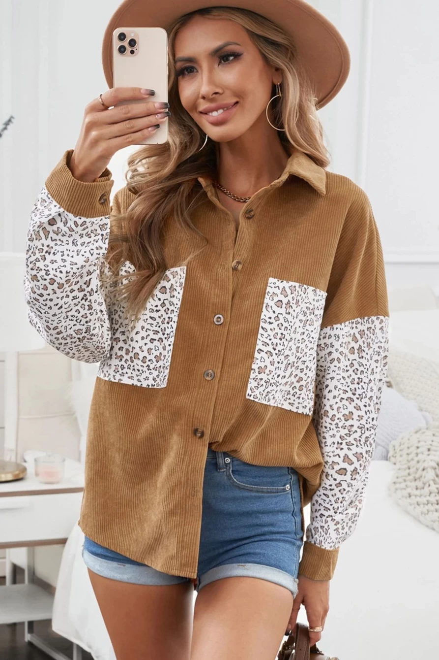 Shewin Women's Brown Corduroy Shacket with Colorblock Design and Button-Up Front