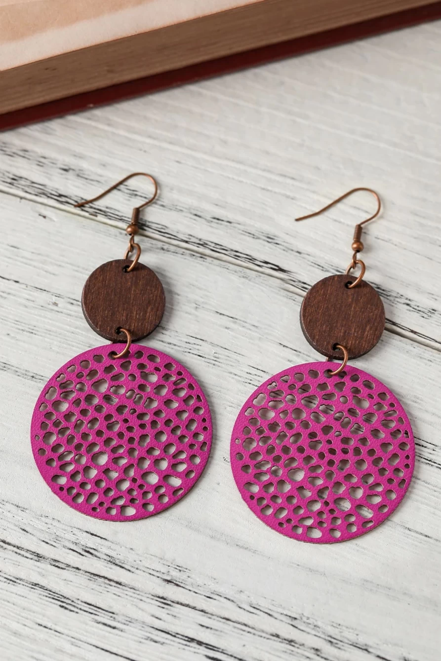 "SheWin Women's Rose Gold Hollow Out Wooden Round Drop Earrings"