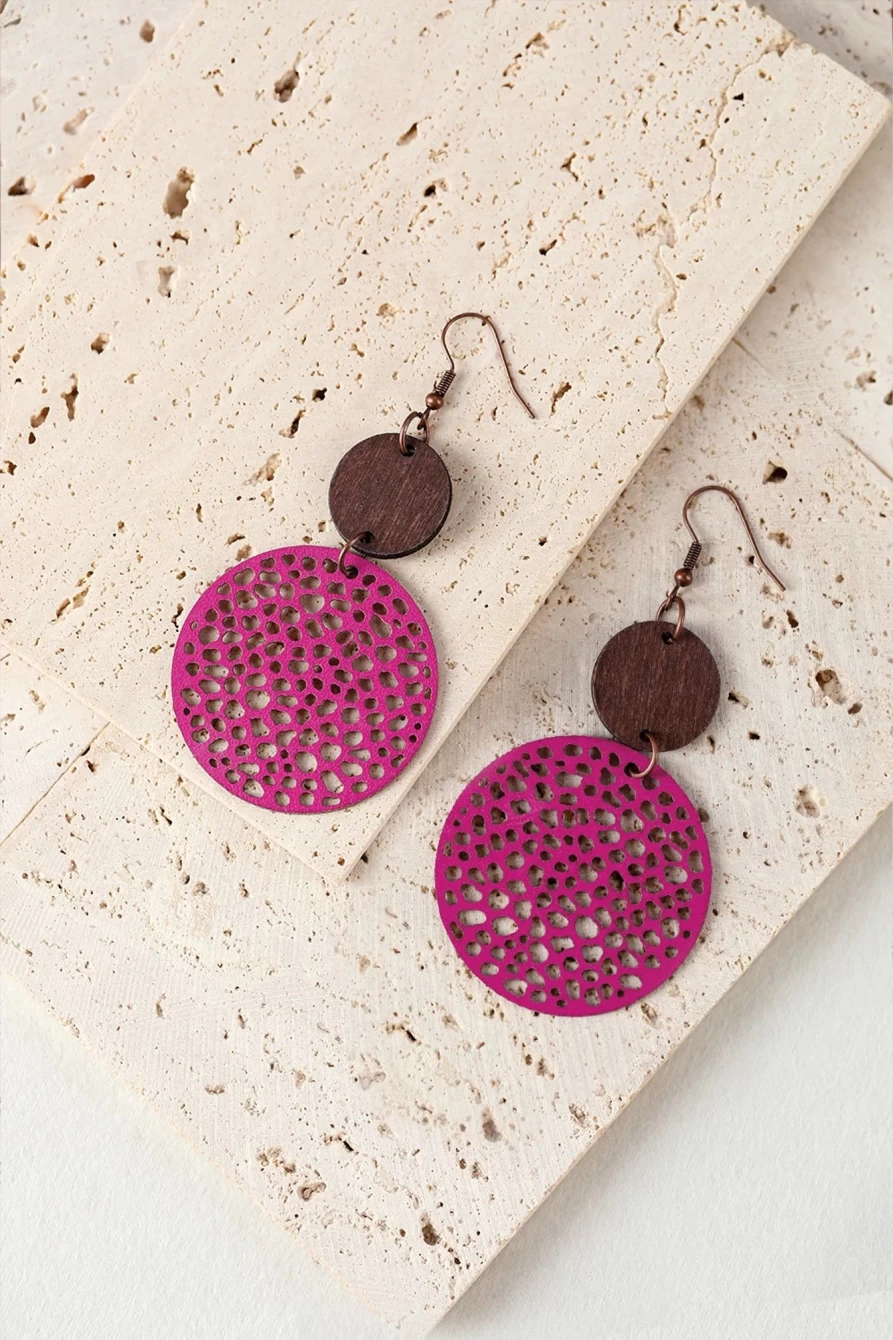 "SheWin Women's Rose Gold Hollow Out Wooden Round Drop Earrings"