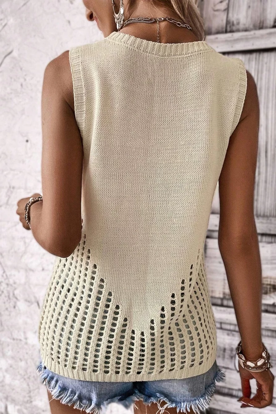 Shewin Women's Beige Pointelle Knit Sleeveless Top - Solid Color Detail Shirt