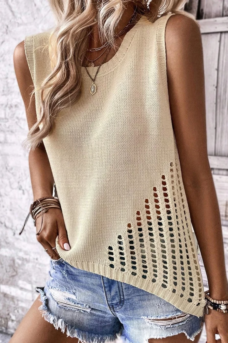 Shewin Women's Beige Pointelle Knit Sleeveless Top - Solid Color Detail Shirt