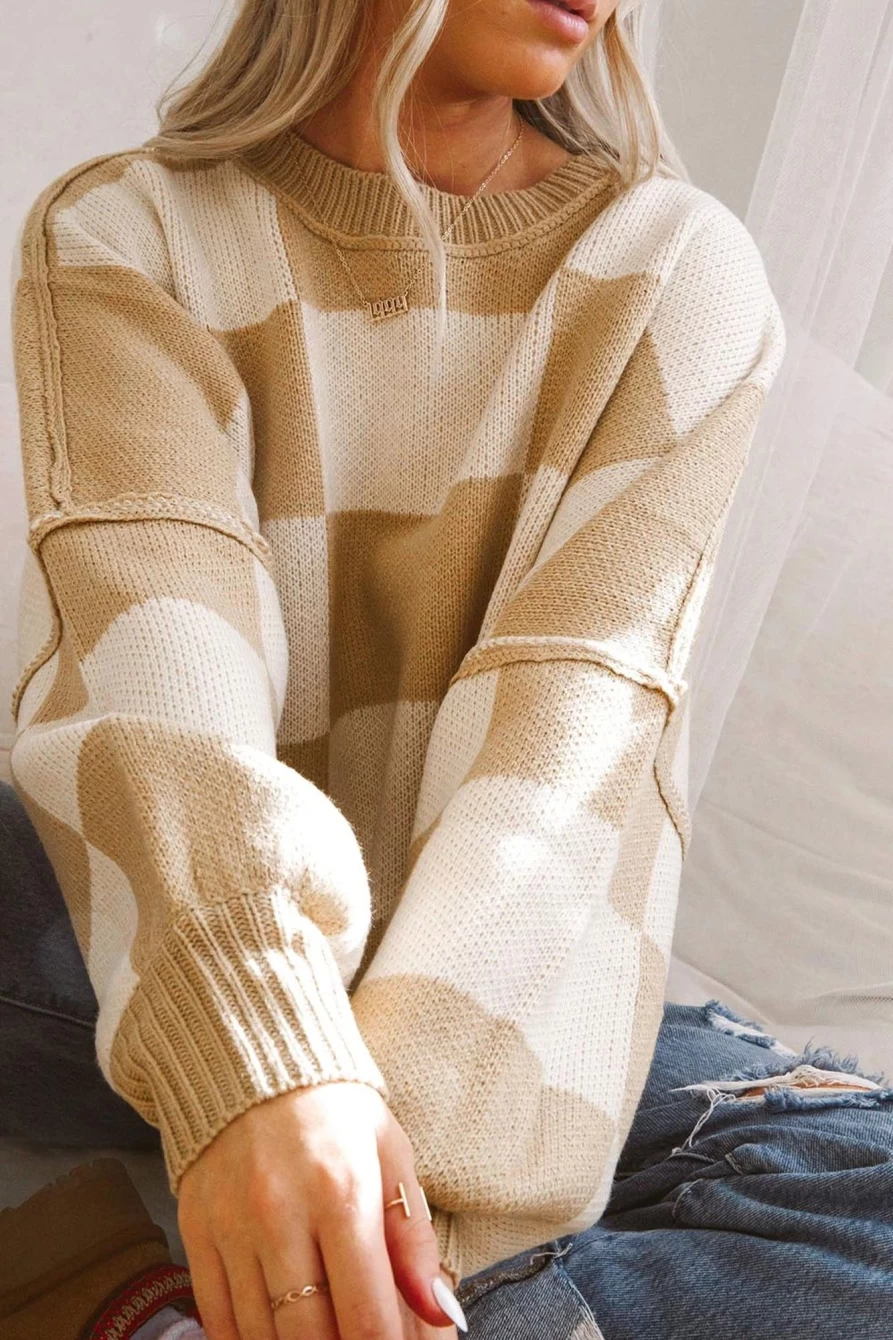 Shewin Women's Khaki Plaid Bishop Sleeve Pullover Sweater