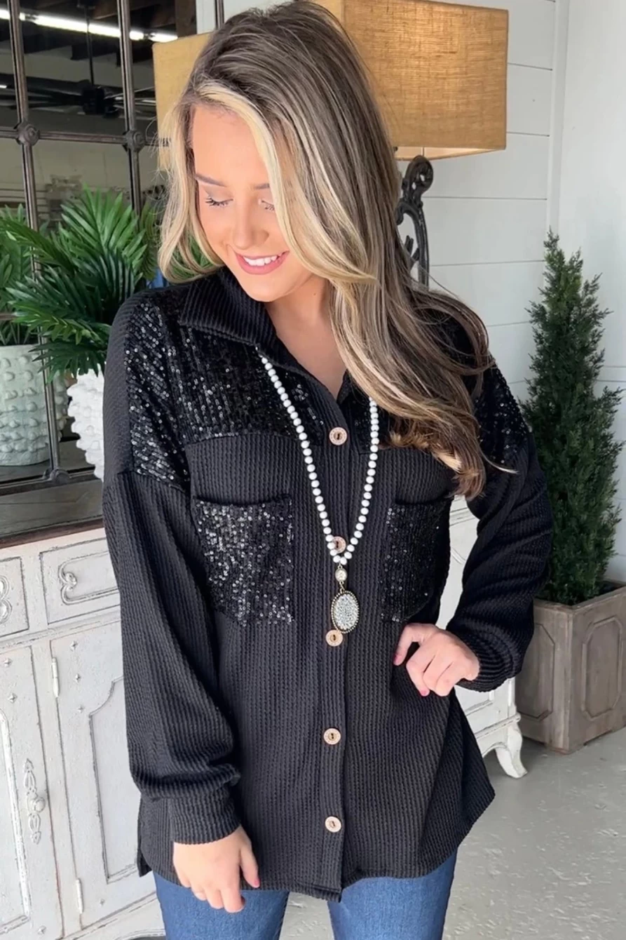Women's Black Sequin Patch Chest Pocket Corded Shacket by Shewin