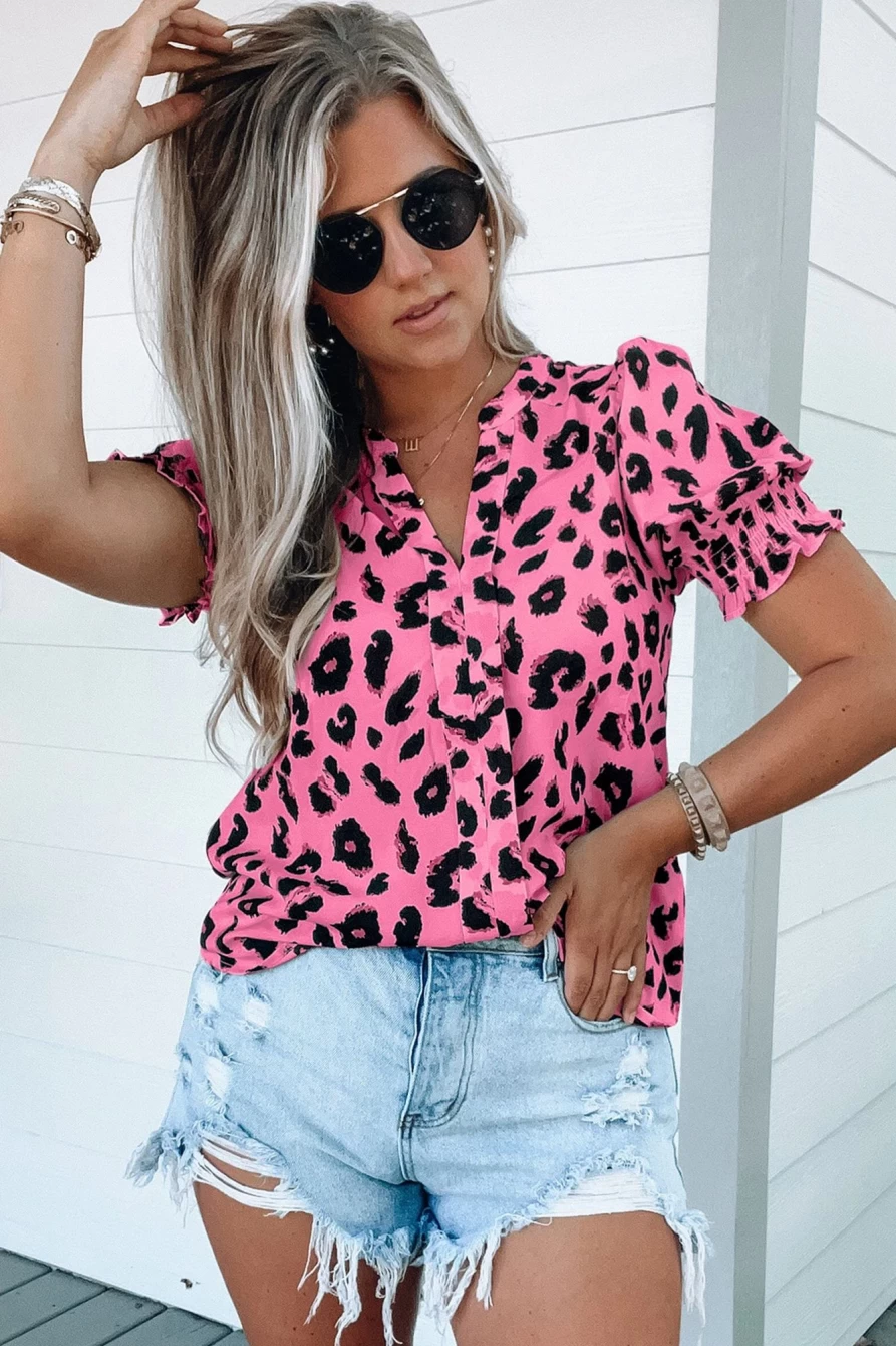 Shewin Women's Pink Leopard Print V-Neck Smocked Blouse with Puff Sleeves