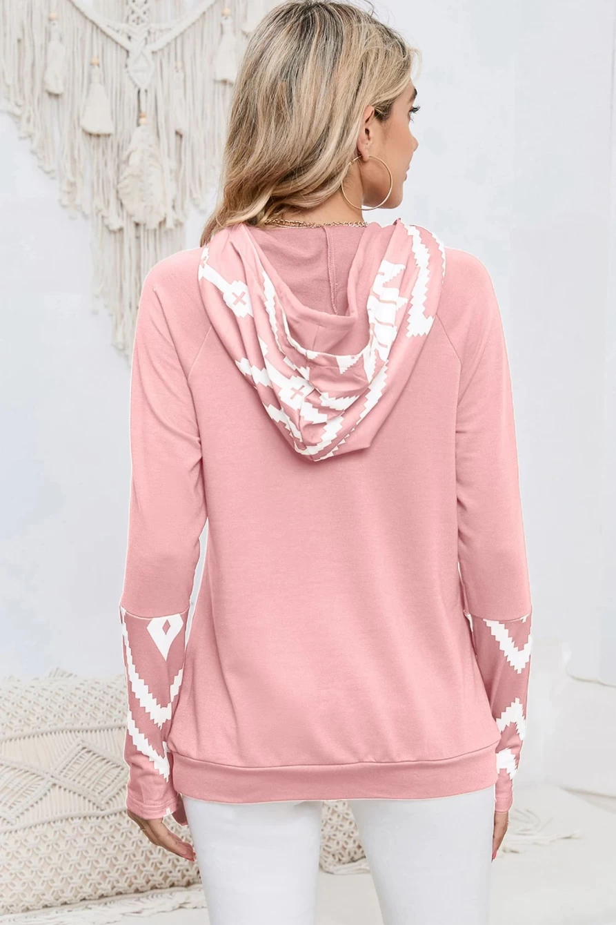 Shewin Women's Pink Geometric Print Thumbhole Long Sleeve Pullover Hoodie