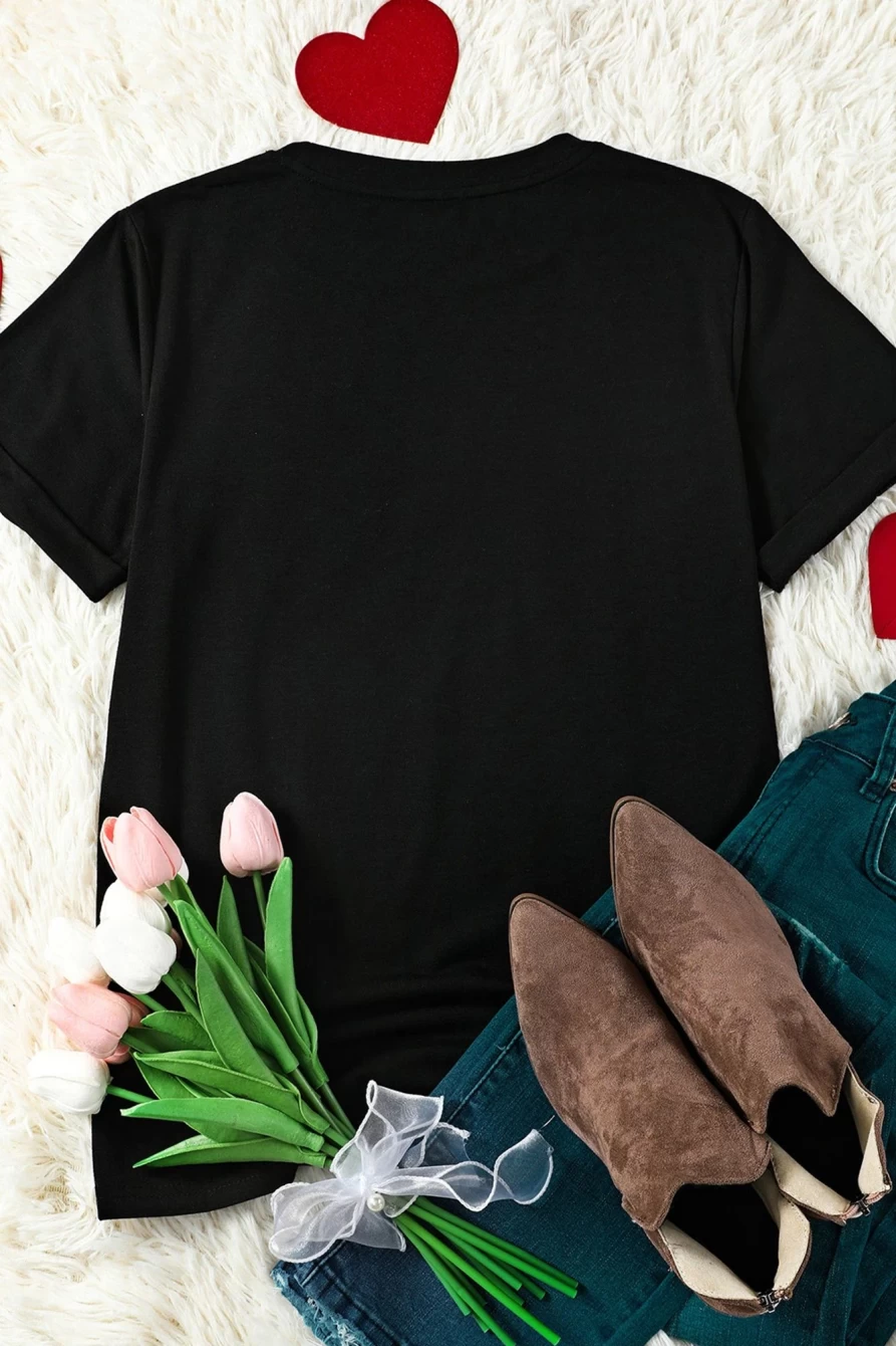 Shewin Women's Black Valentine Xoxo Glitter Graphic Tee with Chenille Patch