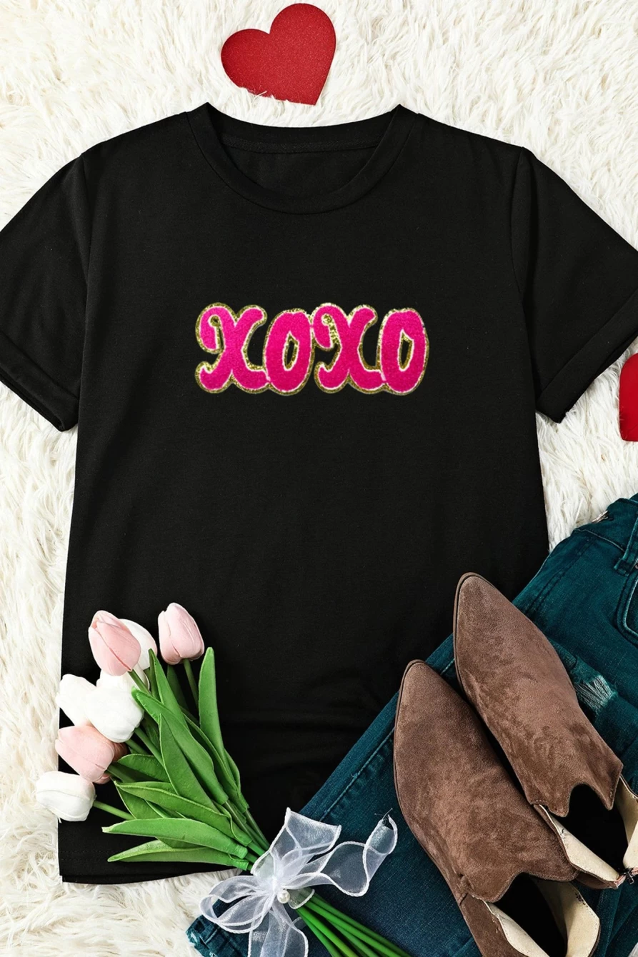 Shewin Women's Black Valentine Xoxo Glitter Graphic Tee with Chenille Patch