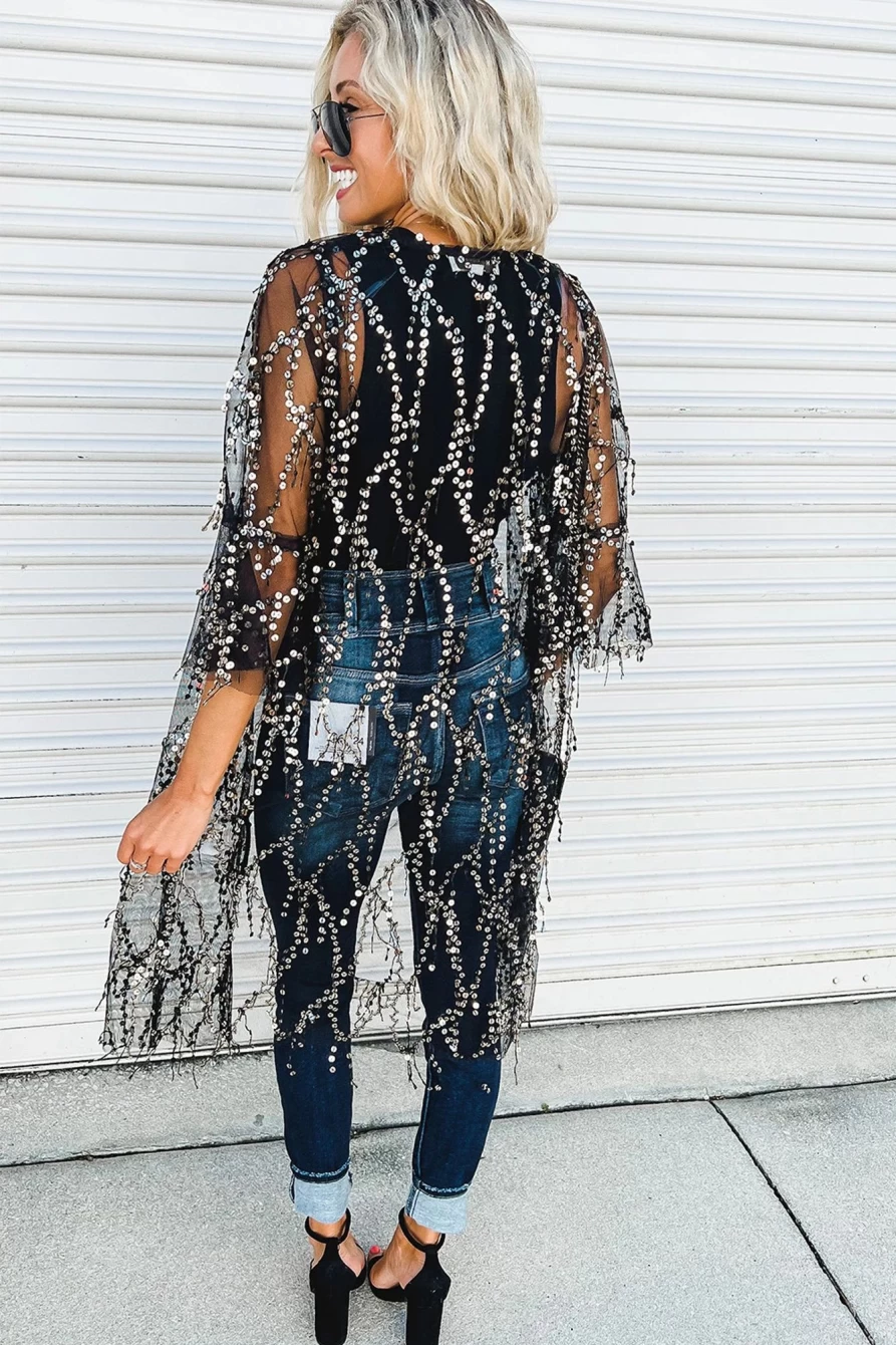 "Women's Black Sequin Sheer Open Front Cover Up - Shewin Casual Beachwear"