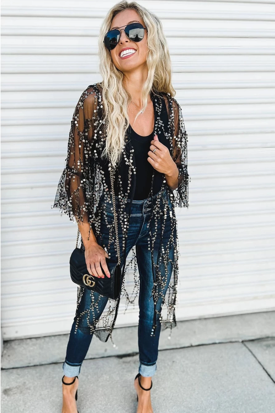 "Women's Black Sequin Sheer Open Front Cover Up - Shewin Casual Beachwear"