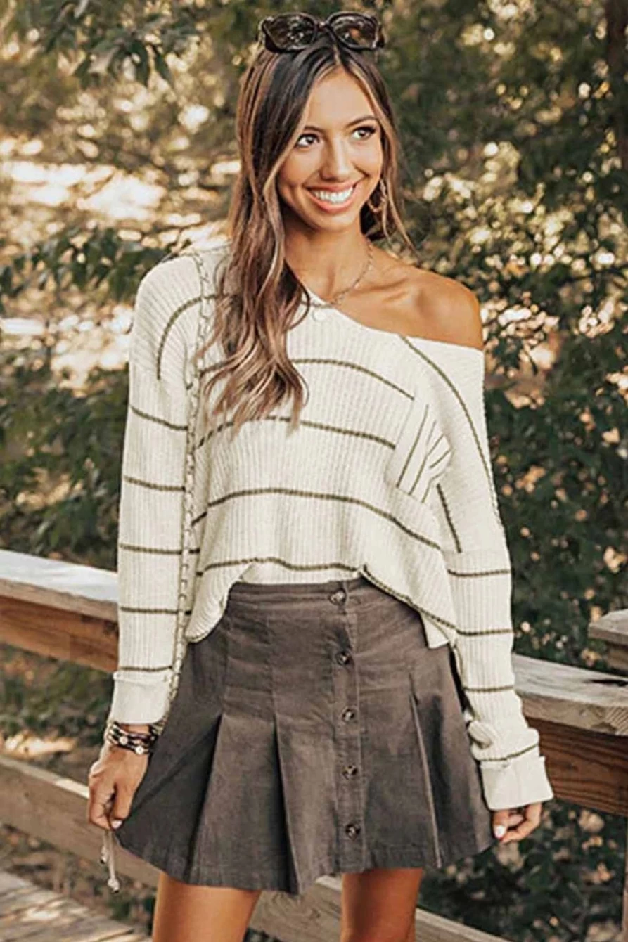 Women's Striped Casual Knit Long Sleeve Sweater with Chest Pocket - Shewin