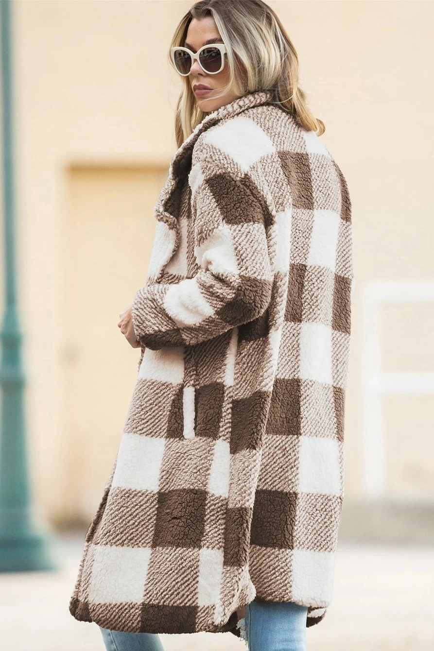 Shewin Women's Brown Plaid Long Open Front Coat with Lapel Collar