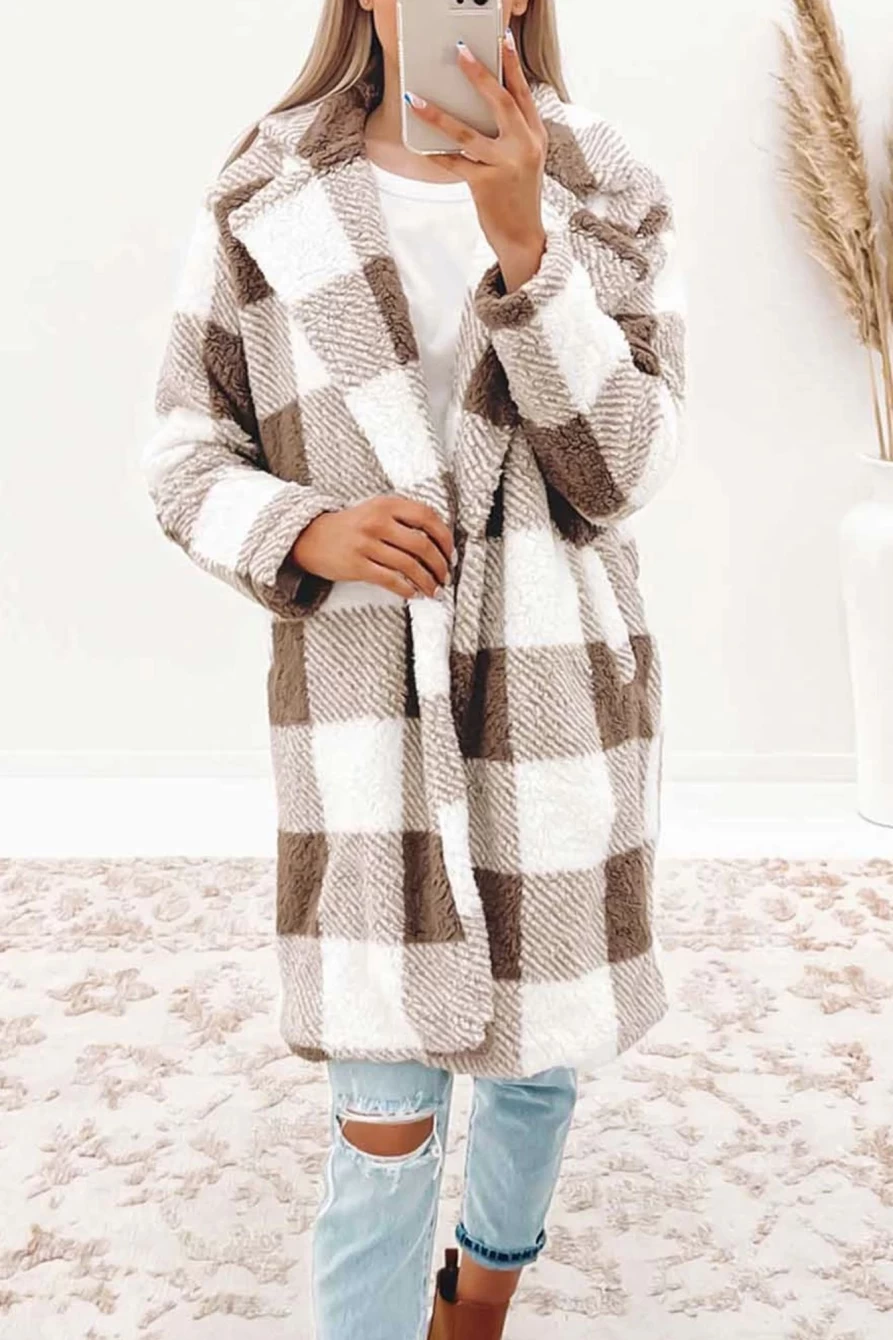 Shewin Women's Brown Plaid Long Open Front Coat with Lapel Collar