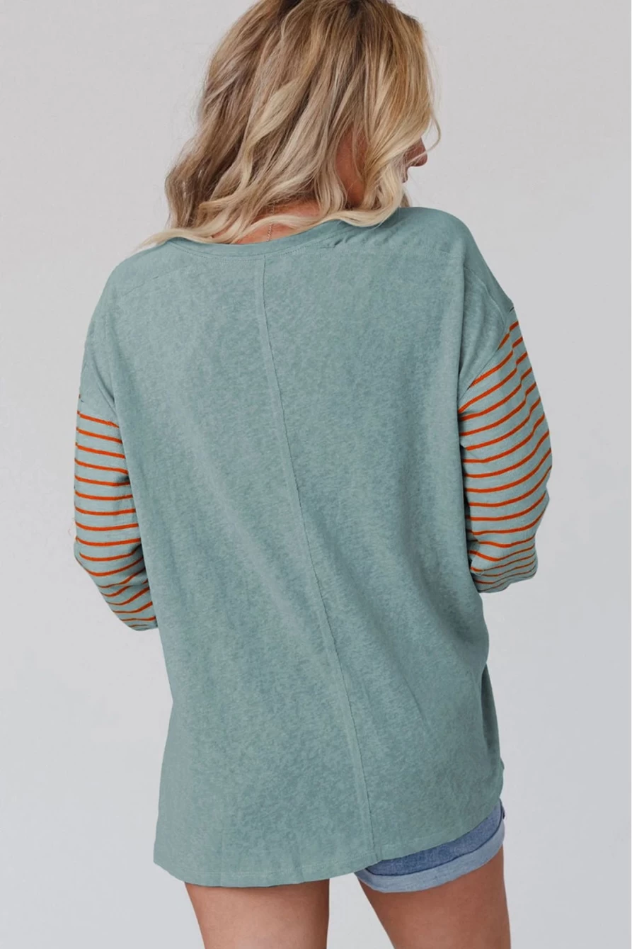 Women's Green Colorblock Striped Bishop Sleeve Top with Side Slits | SHEWIN Fashion