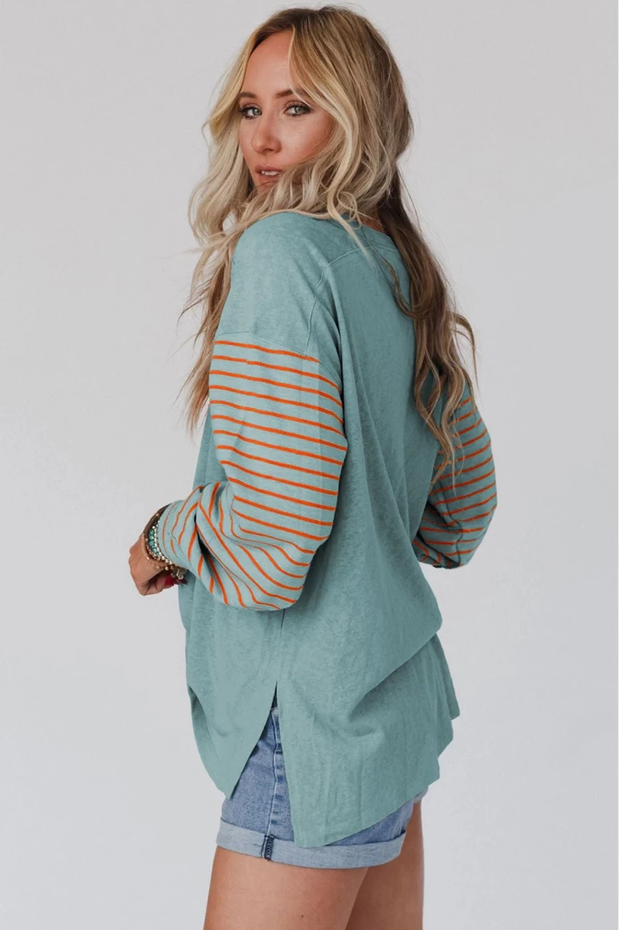 Women's Green Colorblock Striped Bishop Sleeve Top with Side Slits | SHEWIN Fashion