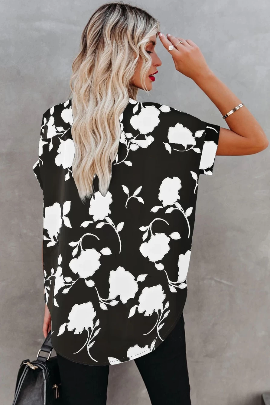 Shewin Women's Black Floral Print Casual Roll Up Sleeve Blouse Top