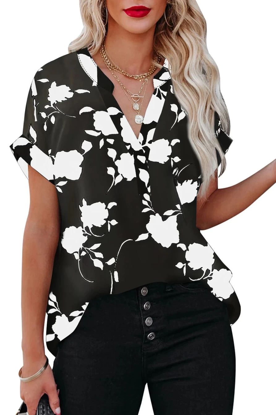 Shewin Women's Black Floral Print Casual Roll Up Sleeve Blouse Top