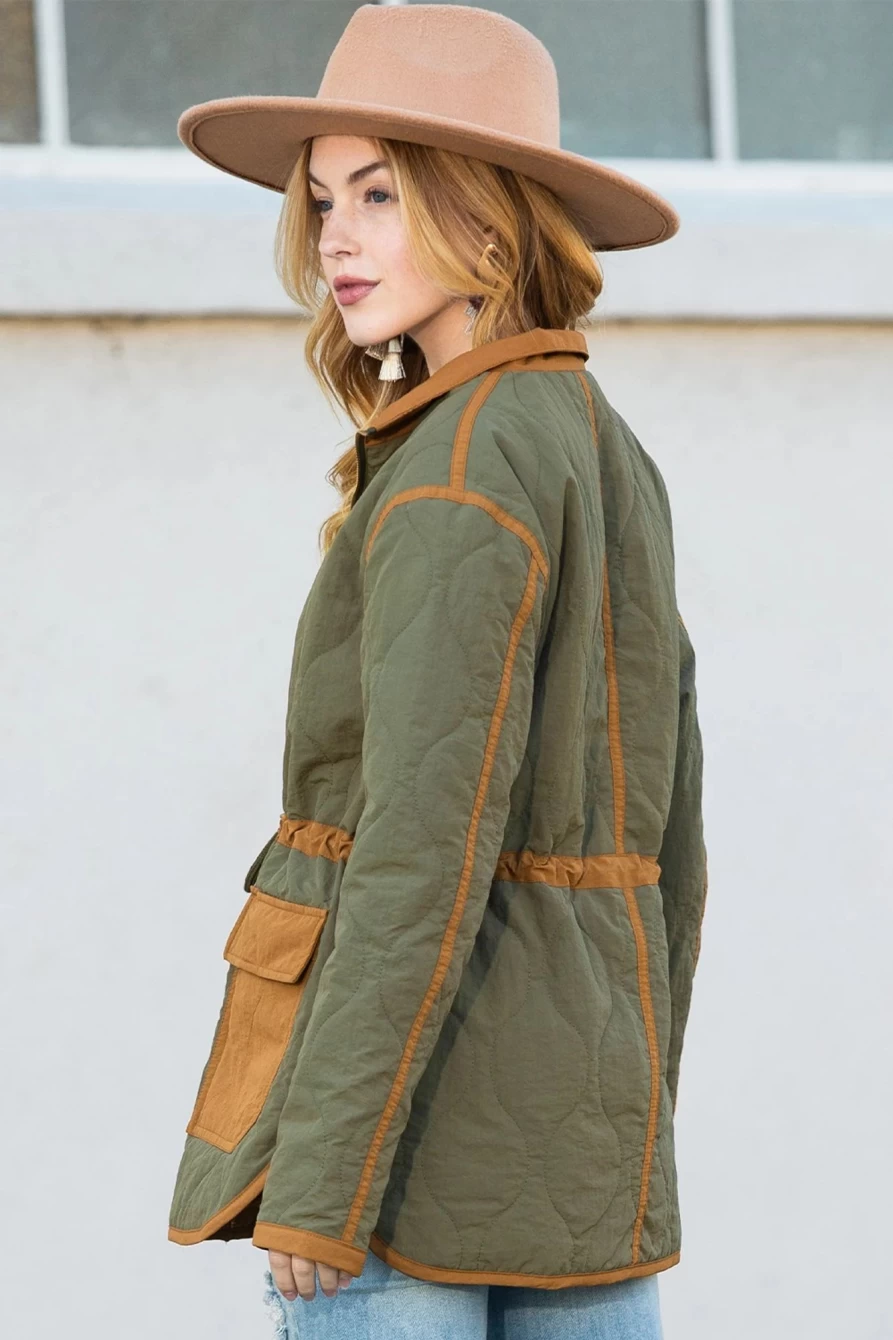 Shewin Women's Green Quilted Jacket with Drawstring Waist & Pockets