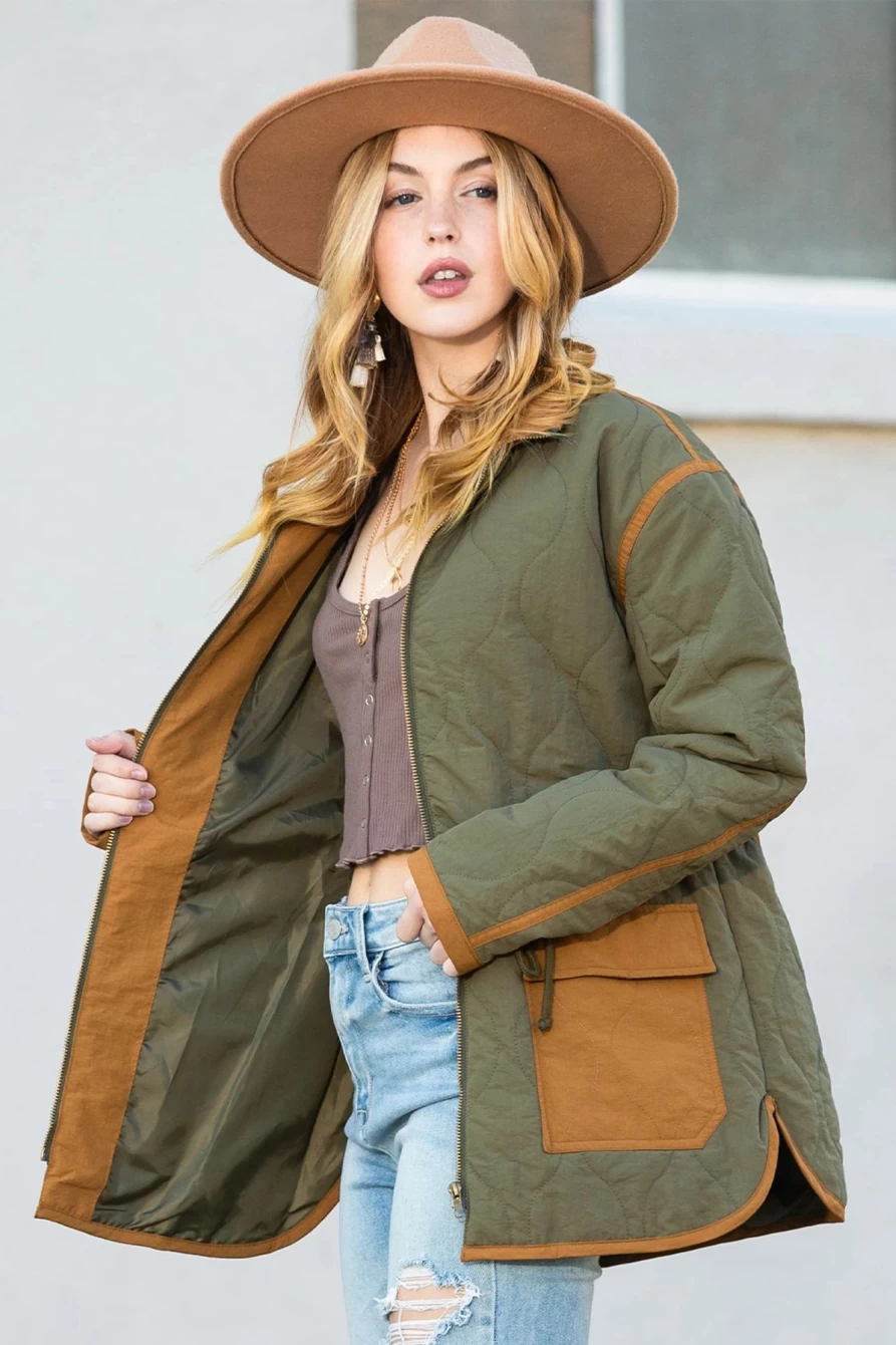 Shewin Women's Green Quilted Jacket with Drawstring Waist & Pockets