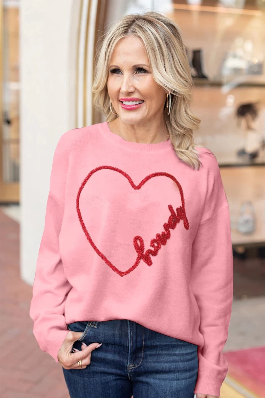 Shewin Women's Pink Heart Howdy Casual Round Neck Sweater