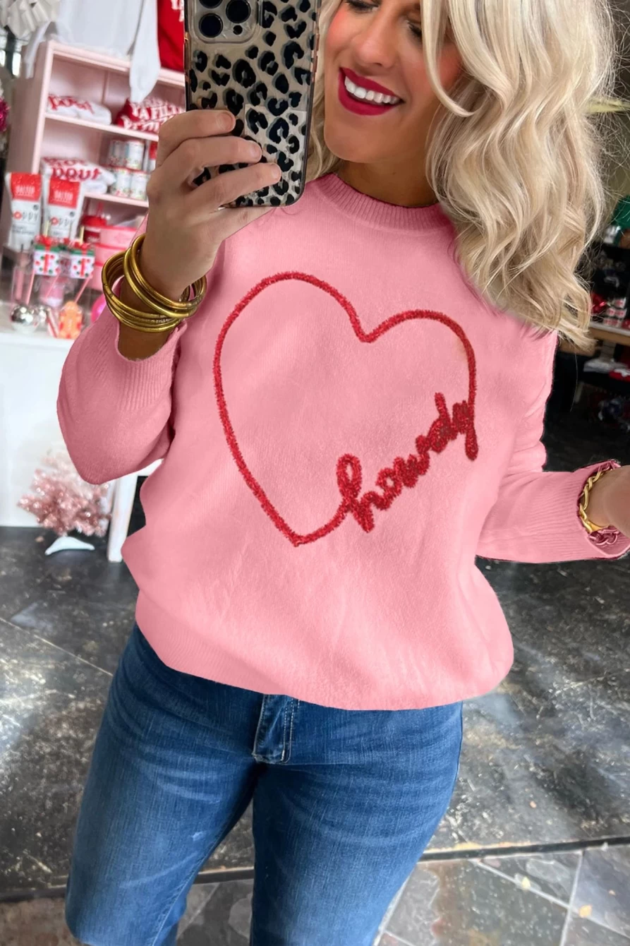 Shewin Women's Pink Heart Howdy Casual Round Neck Sweater