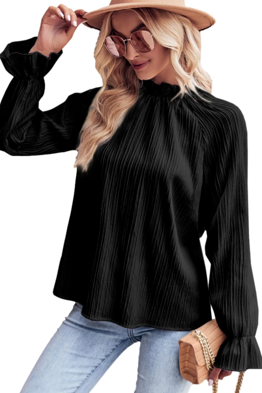 Shewin Women's Black Frilled Mock Neck Bubble Sleeve Pleated Blouse