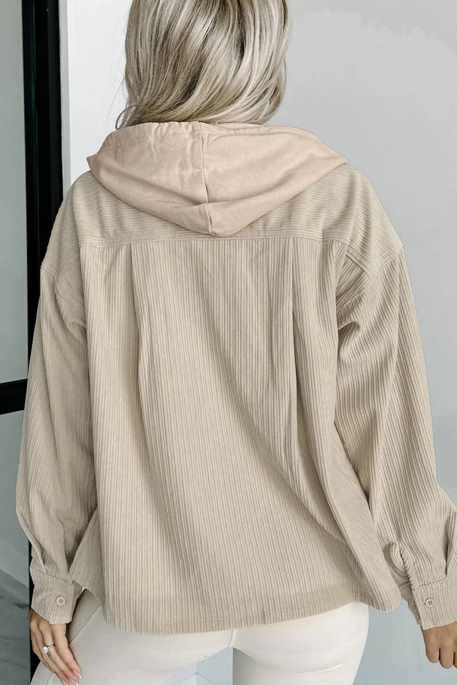 Shewin Women's Parchment Corduroy Drawstring Hooded Shacket