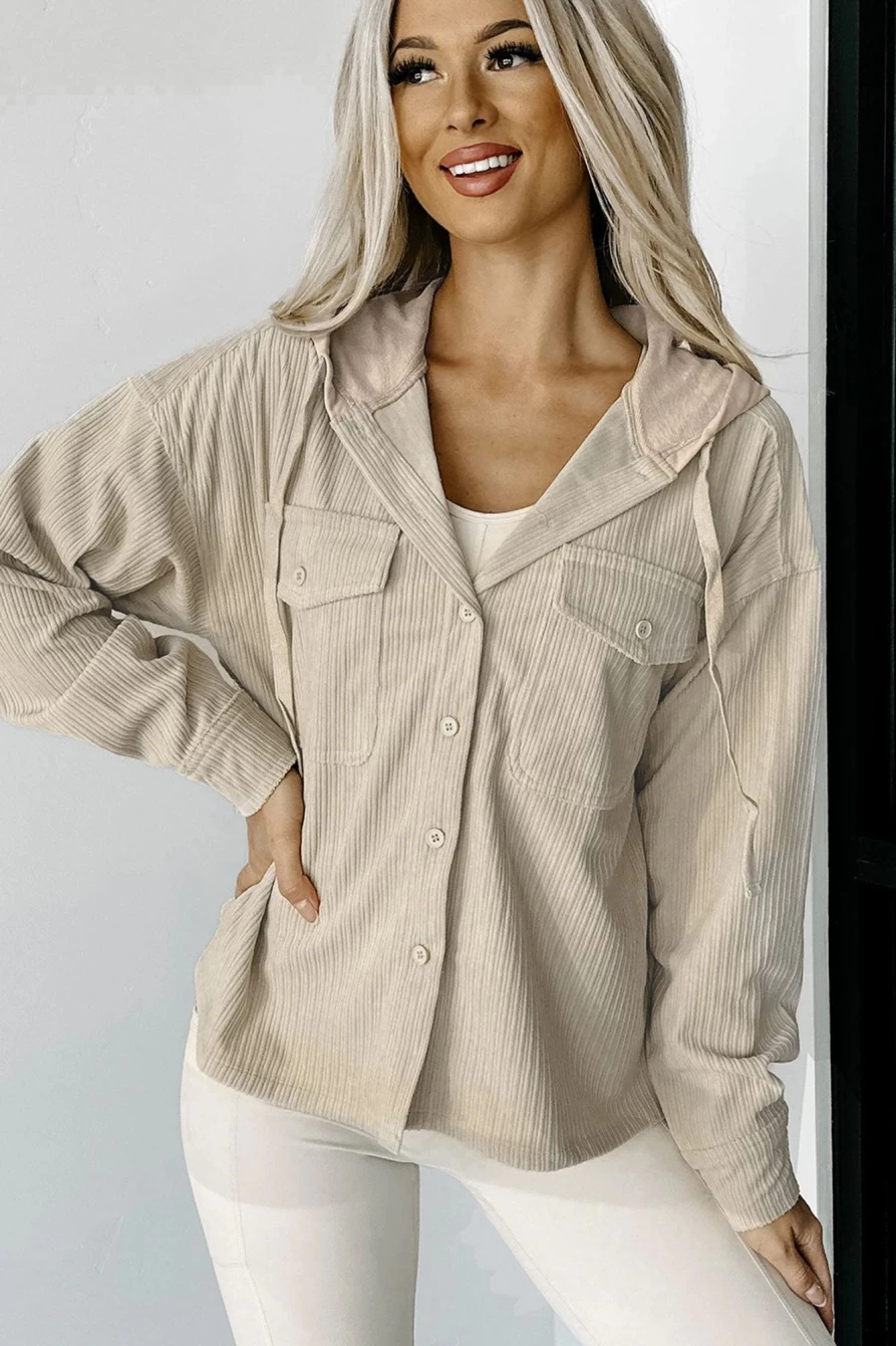 Shewin Women's Parchment Corduroy Drawstring Hooded Shacket