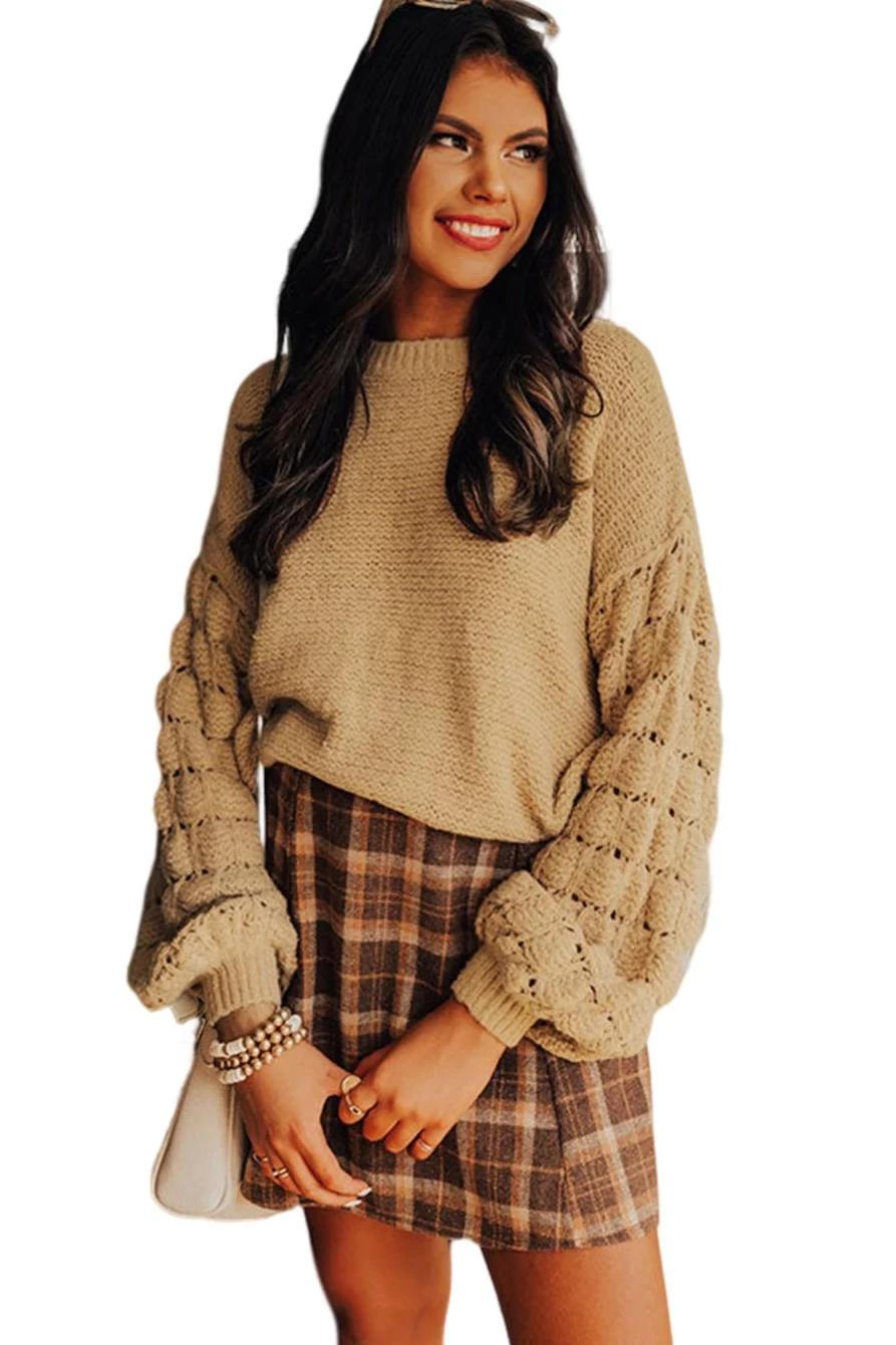 Shewin Women's Khaki Casual Hollow-Out Long Sleeve Knit Sweater