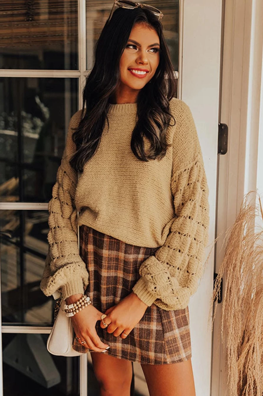 Shewin Women's Khaki Casual Hollow-Out Long Sleeve Knit Sweater