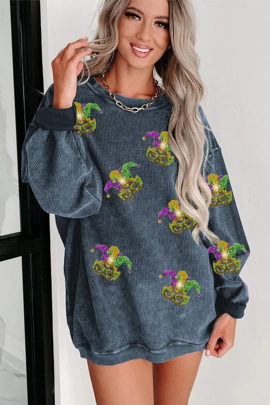 Shewin Women's Blue Sequin Mardi Gras Party Mask Graphic Sweatshirt - Festive Plus Size Holiday Pullover