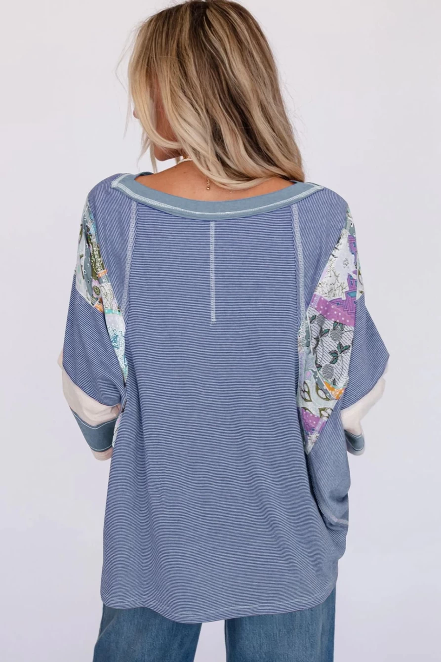 Shewin Women's Sky Blue Printed Oversized Patchwork Top - Striped & Floral Design