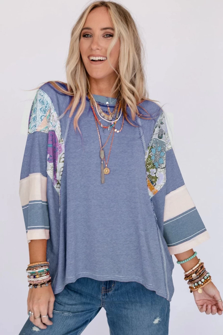 Shewin Women's Sky Blue Printed Oversized Patchwork Top - Striped & Floral Design